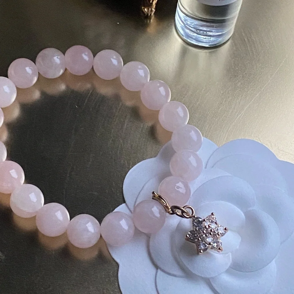 Genuine rose Quartz bracelet with removable flower charm_9